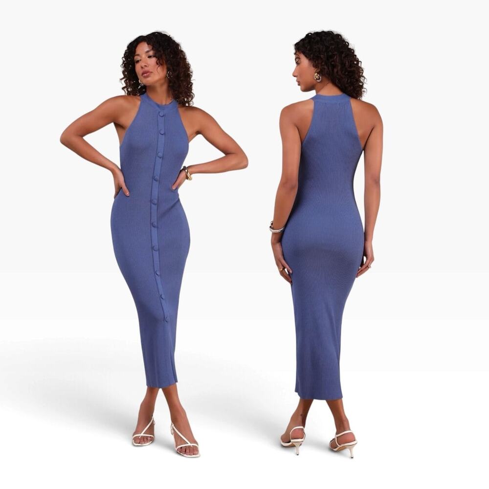 Lulus Sunia Blue Sleeveless Button-Front Midi Sweater Dress size M